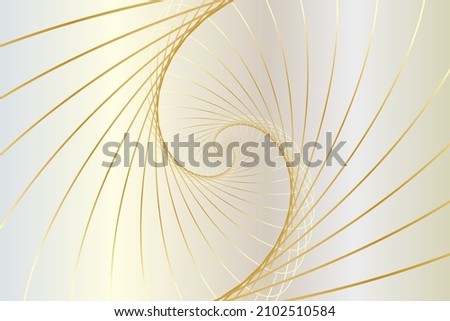 Distorted abstract lines, wireframe tunnel. The gold spiral line, Golden Ratio on the white gold background. Vector illustration.