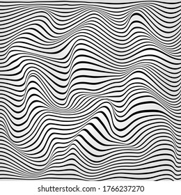 Distorted abstract wave monochrome textured. Dynamical rippled surface. Stripe deformation background. Vector illustration. Isolated on white background.