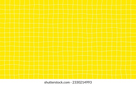 Fondo distorsionado con jaula blanca en amarillo. Resumen de patrón psicodélico con bandas onduladas. Textura del verificador Y2K del vector Groovy