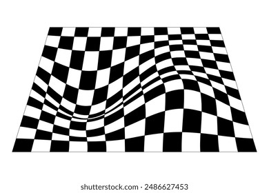 Distorted black Chess board grid on white background. Waved mesh texture. Fish net with deformation effect. Bented lattice surface. Vector graphic illustration