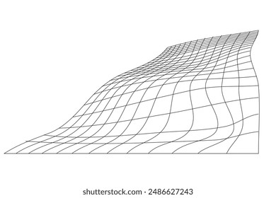 Cuadrícula negra distorsionada sobre fondo blanco. Textura de malla ondulada. Red de peces con efecto deformante. Superficie de enrejado doblada. Ilustración gráfica de Vector