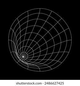 Distorted black spiral grid on white background. Waved mesh texture. Fish net with deformation effect. Bented lattice surface. Vector graphic illustration