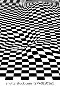 Distorted black and white checkerboard pattern with optical illusion effect