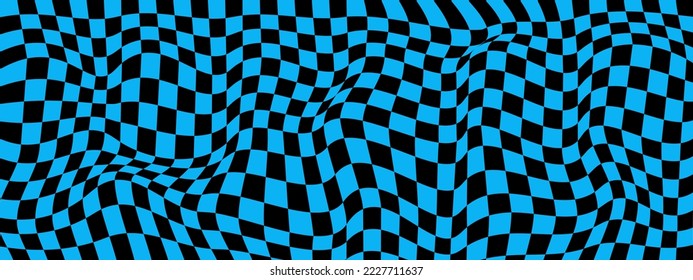 Distorted blue and black chessboard background. Twisted optical illusion. Psychedelic pattern with warped squares. Trippy checkerboard surface. Fantastic checkered texture. Vector illustration