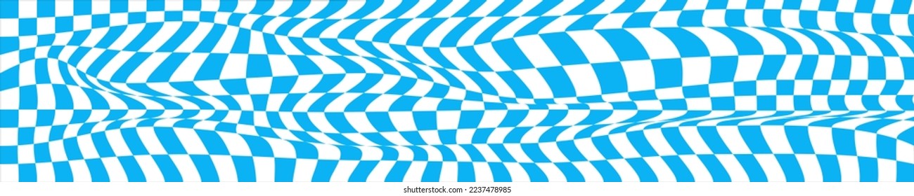 Distorted blue and white chessboard background. Chequered optical illusion effect. Psychedelic pattern with squares. Warped checkerboard texture. Vector flat illustration