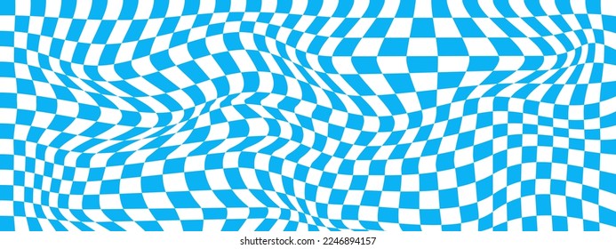 Distorted blue and white chessboard background. Chequered optical illusion. Psychedelic pattern with warped squares. Trippy checkerboard texture. Vector flat illustration