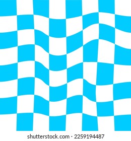 Distorted blue and white chessboard background. Chechered visual illusion. Psychedelic pattern with warped squares. Dizzy checkerboard texture. Vector flat illustration