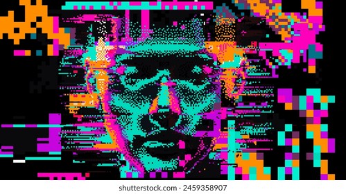 Distorted and blurred 3D face silhouette made of pixels. The concept of machine learning, neural networks and artificial intelligence.