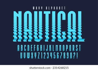Caracteres luminosos distorsionados, tipo original retro-futurista. Alfabeto ondulado 