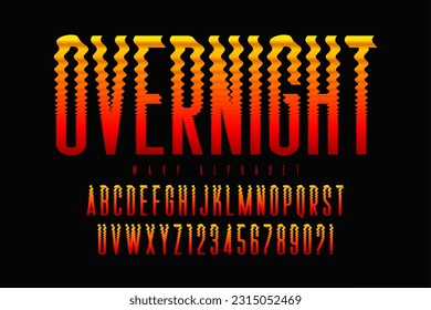 Distorted bright light characters, retro-futuristic original type. Wavy alphabet. 