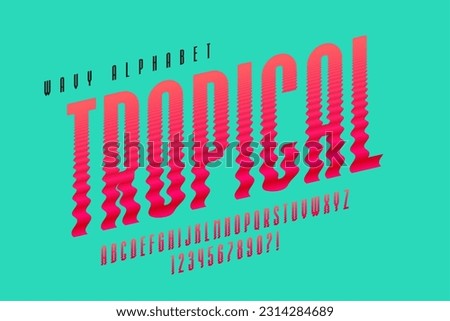 Distorted bright light characters, retro-futuristic original type. Wavy alphabet. 13 degree skew