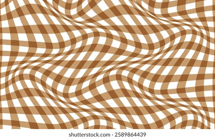 Distorted Brown and White Gingham Checkered Pattern – Wavy Optical Illusion Textile Design for Modern Art, Fashion, and Home Decor