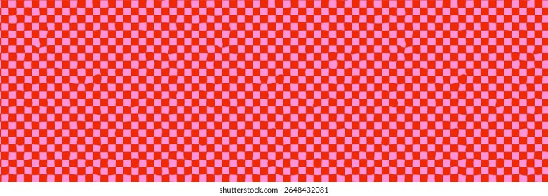 Distorted checker pattern seamless background in red and pink with rough squares for retro abstract grid look. Playful vibe for fabric, wrapping paper, prints. Drag to swatches panel to use