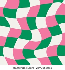 Distorted checkerboard background with fluid geometric patterns, trippy y2k style. Groovy 70s texture, wavy grid, bold surreal energy.