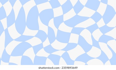 Distorted checkerboard blue background. Trendy twisted gingham chessboard. Horizontal wavy backdrop. Vector illustration.