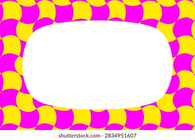 Distorted Checkerboard Frame in Electric Fuchsia and Yellow, Surreal Optical Illusion Square Border with Central Empty Blank Box.