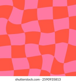 Distorted checkerboard with a retro psychedelic aesthetic, swirling geometric flow. Groovy grid effect, bold colors, vintage hippie style texture.