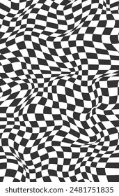 Distorted checkered background. Abstract black and white background. Chessboard surface with distortion effect. Abstract banner with distortion. Portrait orientation. Vector illustration.
