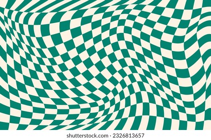 Fondo verde a cuadros distorsionados.  Textura vectorial torcida y distorsionada en estilo psicodélico retro moderno