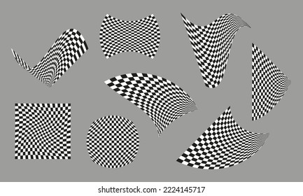 Distorted checkered grid collection. Black and white warped shapes vector abstract design