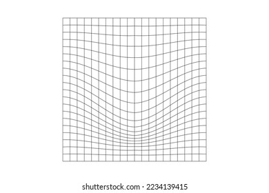 Cuadrícula de verificación distorsionada. Textura de malla de la urdimbre. Red futurista con efecto dentador. Deformación geométrica. Fenómeno de la gravedad. Superficie de entramado doblada. Ilustración vectorial grahic