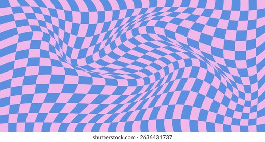 Distorted Checkered Grid. Retro Colors Background. Geometric Pattern with Distortion Effect. 