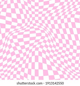 Distorted Checkered Pattern In Baby Pink. Vector Seamless Pattern