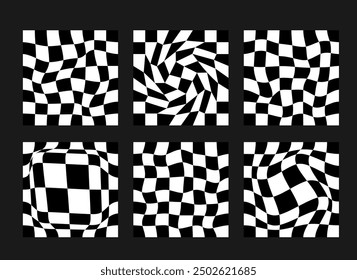 Distorted Checkered Pattern Set. Optical Illusion Background Collection. Abstract Op Art Mosaic Backdrop.