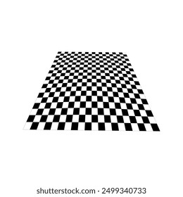 Distorted checkered plane in perspective. Warped tile floor. Curvatured checkerboard texture. Convex board with black and white squared pattern. Gravity phenomenon. Vector graphic illustration.