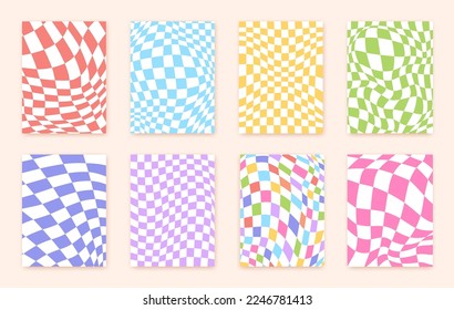 Distorted checkered posters. Patterns distortion grooved wavy squares, playfully fashion y2k, retro collage warping optical groove cage background 1970s, clean vector illustration of retro geometric
