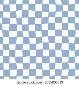 Distorted checkered seamless pattern. Hand-drawn blue check. Trendy 70s style.