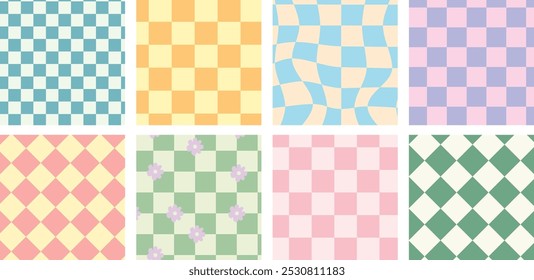 Distorted checkered seamless patterns set. Psychedelic retro backgrounds 60s 70s style. Vector seamless pattern