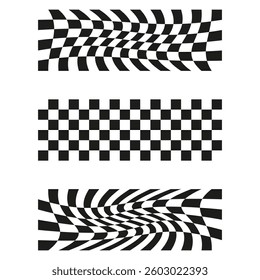 Distorted checkered stripes. Racing flag illusion. Abstract black white. Vector background.