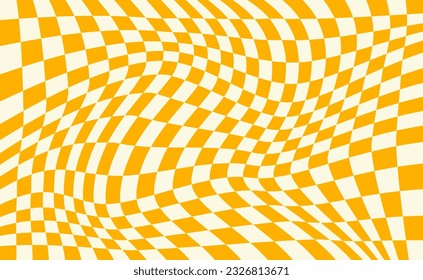 Distorted checkered yellow background.  Twisted and distorted vector texture in trendy retro psychedelic style