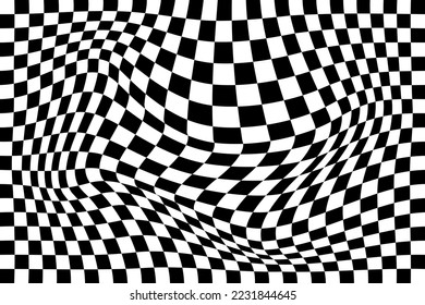 Distorted chequered chessboard background. Vaporing, stretching, deeping effect. Psychedelic pattern with warped black and white squares. Race flag texture. Trippy checkerboard. Vector illustration