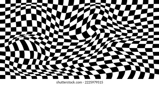 Distorted chess board background. Checkered optical illusion. Psychedelic pattern with warped black and white squares. Race flag texture. Trippy checkerboard surface. Vector illustration