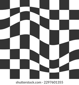 Distorted chess board background. Checkered optical illusion. Psychedelic pattern with warped black and white squares. Race flag texture. Trippy checkerboard surface. Vector illustration