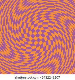 Distorted chess board background. Visual chequered illusion. Dizzy psychedelic pattern with warped purple and orange squares. Trippy checkerboard surface. Vector flat illustration.