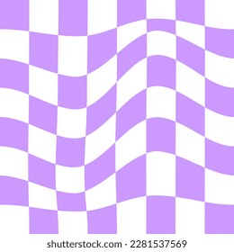 Distorted chess board background in y2k style. Checkered optical illusion. Psychedelic pattern with warped purple and white squares. Plaid texture. Trippy checkerboard surface. Vector illustration