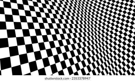 Distorted Chess Floor in Perspective with Checkerboard Texture. Empty Bended Chess Board. Black and White Squares Mosaic Studio Background. Vector illustration.