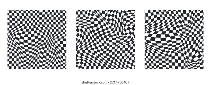  Verzerrte Schachquadrate bilden eine trippige geometrische Illusion. Drei wellenförmige Schachbretter mit schwarz-weißem Gitter schaffen einen psychedelischen Retro-Hintergrund für funky, in den 70er Jahren inspirierte Designs.