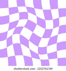Distorted chessboard background in 2yk style. Visual chequered illusion. Dizzy psychedelic pattern with warped purple and white squares. Trippy checkerboard surface. Vector flat illustration svg