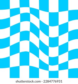Distorted chessboard background. Checkered op illusion. Psychedelic pattern with warped blue and white squares. Trippy checkerboard surface in y2k style. Vector illustration