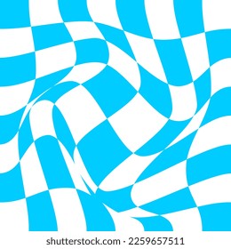 Distorted chessboard background. Checkered optical illusion. Dizzy psychedelic pattern with warped blue and white squares. Trippy checkerboard surface. Vector flat illustration