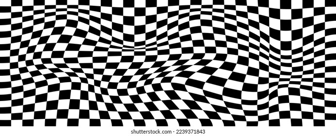 Fondo de ajedrez distorsionado. Patrón psicodélico con cuadrados negros y blancos. Textura de la bandera de la raza retorcida. Superficie del tablero de control trippy. Ilusión óptica a prueba de fuego. Ilustración plana del vector