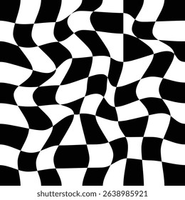 Distorted chessboard pattern. Retro psychedelic checkered wallpaper. Wavy groovy chessboard surface. Abstract monochrome vector backdrop.