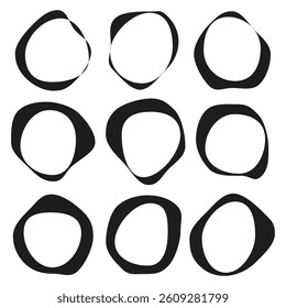 Distorted circle icons. Abstract organic shapes. Black vector elements. Geometric minimal set.