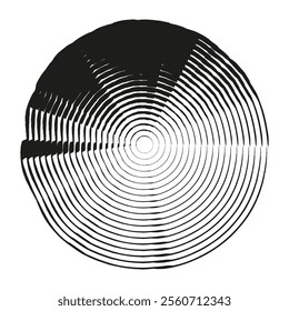 Distorted circle shape. Abstract circular design. Geometric concentric rings. Modern black vector.