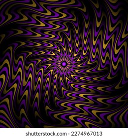 Distorted circular pattern of purple black and golden gradient wavy stripes. Optical art psychedelic background design.