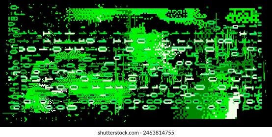 Distorted collapsing green binary code on a dark background. Vector illustration in pixel art style.